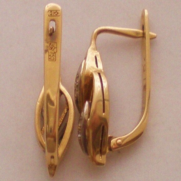 Vintage Original Soviet USSR Solid 18K 750 Yellow White Gold Diamond Earrings - Picture 6 of 7